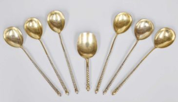 A Set of Six Russian Silver-Gilt Teaspoons, by Stepan Levin, Moscow, Possibly 1882, each with