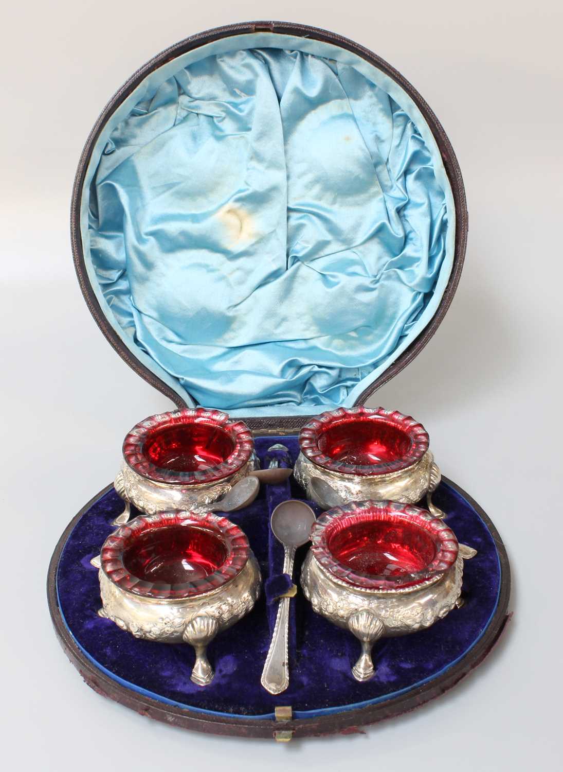 A Cased Set of Four Victorian Silver Salt-Cellars and Spoons, The Salt-Cellars by William Evans,