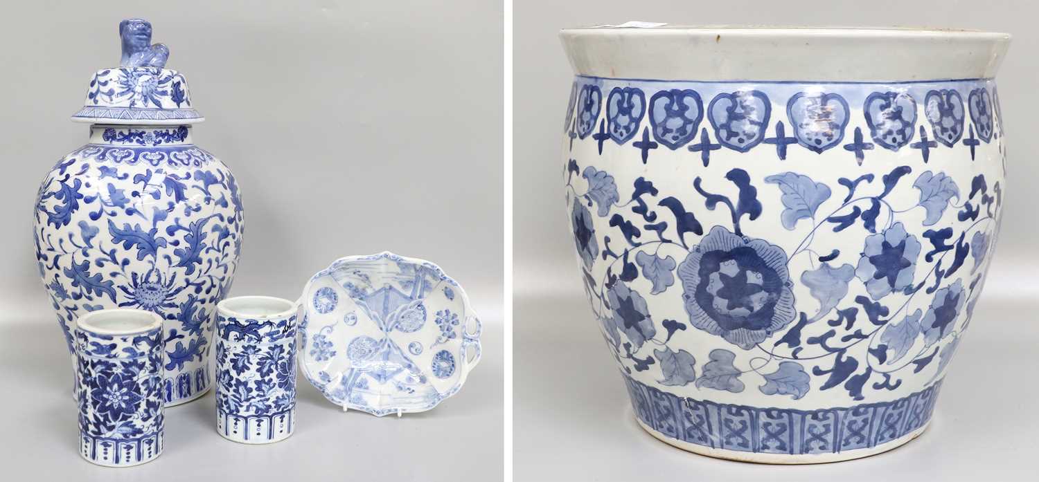 A Pair of Chinese Porcelain Cylindrical Porcelain Vases, 19th century, painted in underglaze blue