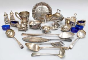 A Collection of Assorted Silver and Silver Plate, the silver including two sauceboats; a