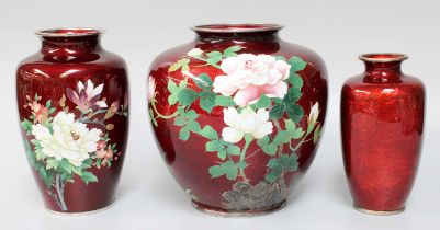 A Japanese Gin Bari Cloisonne Vase, Meiji period, of ovoid form, red ground and decorated with