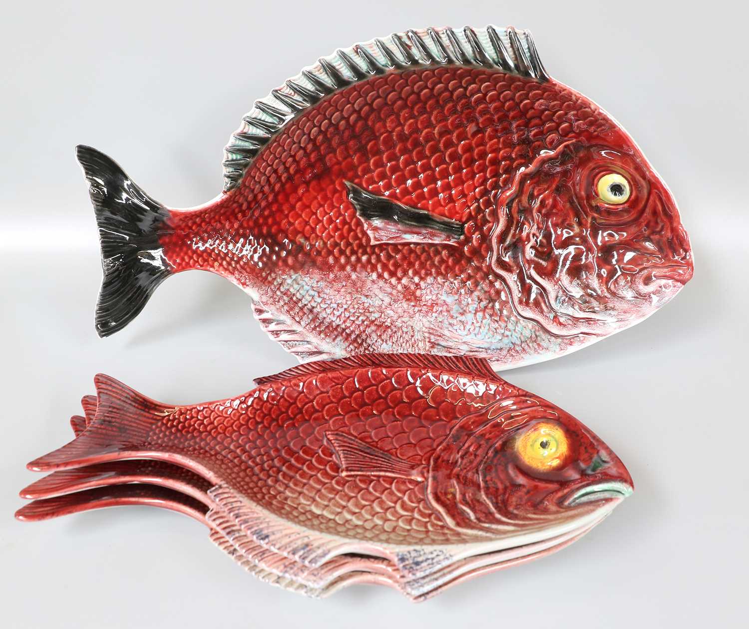 A Portuguese Faience Fish Service, 20th century, including naturalistically moulded tureens, serving - Image 7 of 9