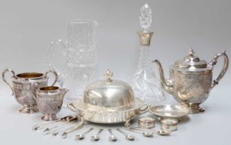 A Silver Plated Three-Piece Tea Service, together with silver napkin ring, silver tea spoons, silver