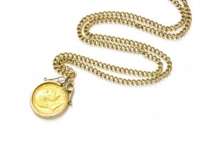 A Half Sovereign Pendant on Chain, loose mounted, dated 1908, on a 9 carat gold curb link chain,