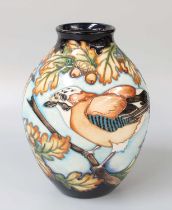 A Modern Moorcroft "Jays at Home" Pattern Vase, by Kerry Goodwin, for the RSPB, limited edition 28/