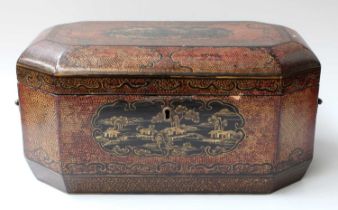 A Chinese Export Lacquered Box, early 19th century, of canted rectangular form and with bronze