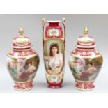 A Vienna Style Porcelain Twin-Handled Vase, 20th century, printed with the portrait of a maiden on a