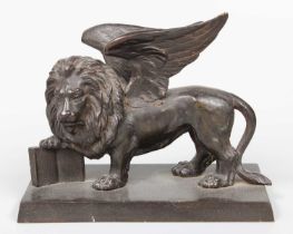 A 19th Century Small Bronze Chymera, front paw resting on an open book, on a plinth base, 11cm by