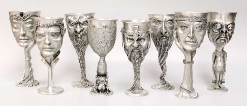 A Set of Eight Royal Selangor Pewter Lord of the Rings Goblets, with seven boxes.