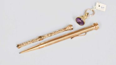 A Gold Pencil, 9ct, engine-turned and with plain clip, 12cm long; Together With a silver-gilt