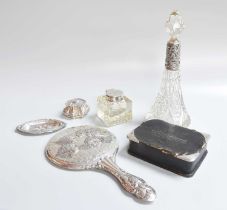 A Collection of Assorted Silver or Silver-Mounted Items, comprising a tapering cut-glass scent-