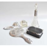 A Collection of Assorted Silver or Silver-Mounted Items, comprising a tapering cut-glass scent-