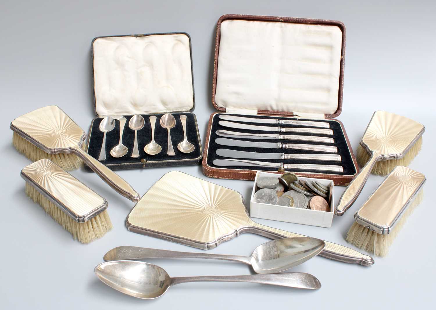 A Collection of Assorted Silver, the silver including a silver and enamel dressing-table service,