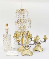 A Gilt Bronze and Cut Glass Four Light Candelabra, in George III style, together with a clear