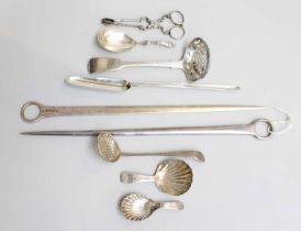 A Collection of Assorted George III and Later Silver Flatware, comprising two differing meat-