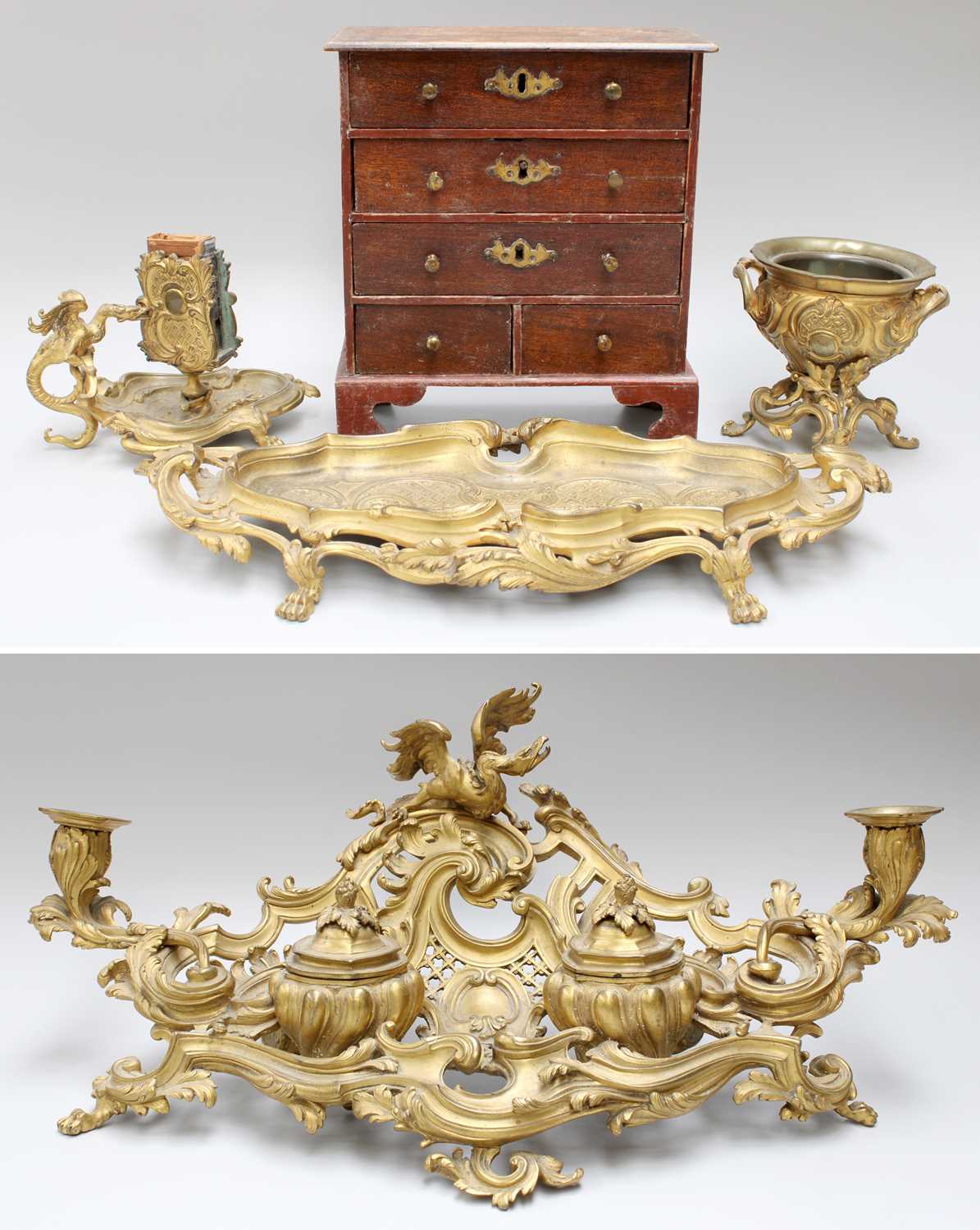 A French Gilt Bronze Desk Set, late 19th century, in Neo-Rococo style, comprising: an ink stand