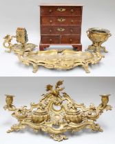 A French Gilt Bronze Desk Set, late 19th century, in Neo-Rococo style, comprising: an ink stand