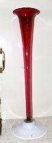 A Large Cranberry Glass Single Flute Epergne, over a white opaque glass plinth, 87cm high