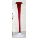 A Large Cranberry Glass Single Flute Epergne, over a white opaque glass plinth, 87cm high