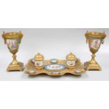 A French Gilt Metal Encrier With Sèvres Style Porcelain Mounts, engraved with scrollwork and