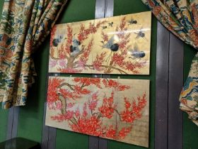 Two Modern Chinese Lacquered Wall Panels, each formed from four sections and painted with blossoming