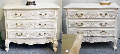 A Pair of French Style White Painted Serpertine Chests of Three Long Drawers, 82cm by 95cm by 50cm