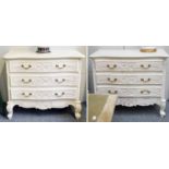 A Pair of French Style White Painted Serpertine Chests of Three Long Drawers, 82cm by 95cm by 50cm