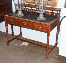 A Late 19th century Mahogany Writing Desk, galleried back, three drawers, turned supports, 108cm