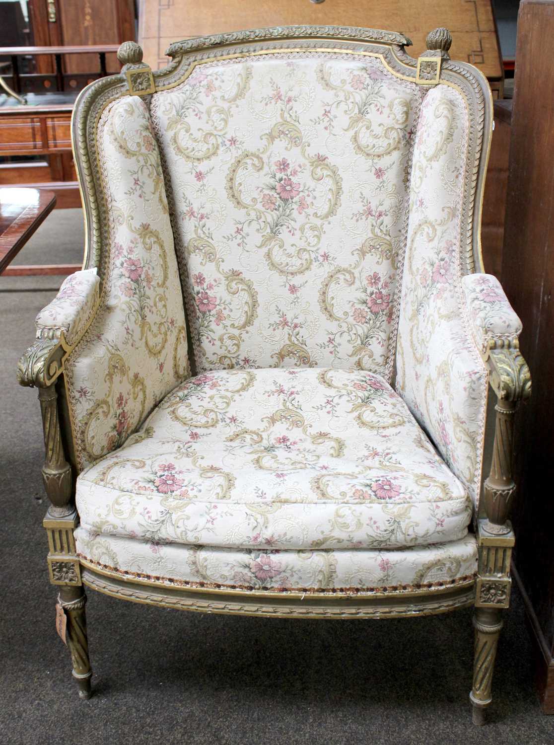 A 19th century French Louis XVI Painted and Giltwood Armchair, upholstered back, arms and seat - Image 2 of 2