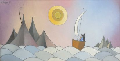 Andrzej Kuhn (1929-2014) Polish-British Man in a boat looking towards the sun Signed and dated (19)