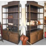 A Pair of Substantial Stained Wood Brushed Metal and Brown Leather Bookcases, the four open tiers