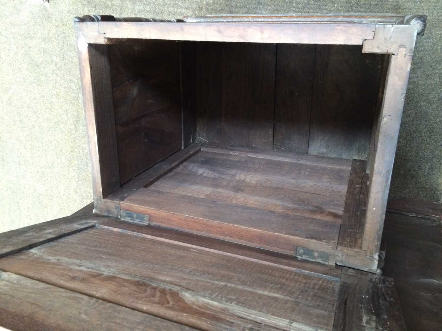 A Carved Oak Chest, some earlier timbers, with hinged lid, elaborate figural panels to the front and - Image 6 of 8