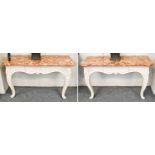 A Pair of French Style Marble Topped Console Tables, white painted bases with shaped aprons to