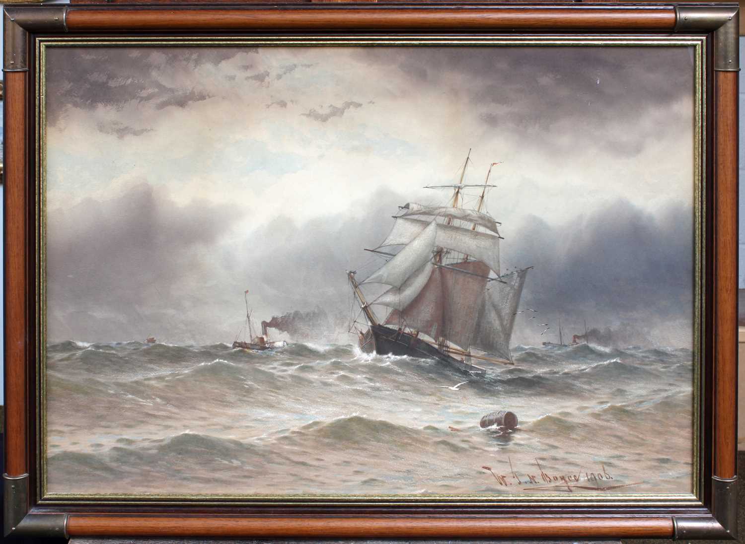 William Thomas Nichol Boyce (1857-1911) Tall masted ship in choppy waters Signed and dated 1906, - Image 4 of 6