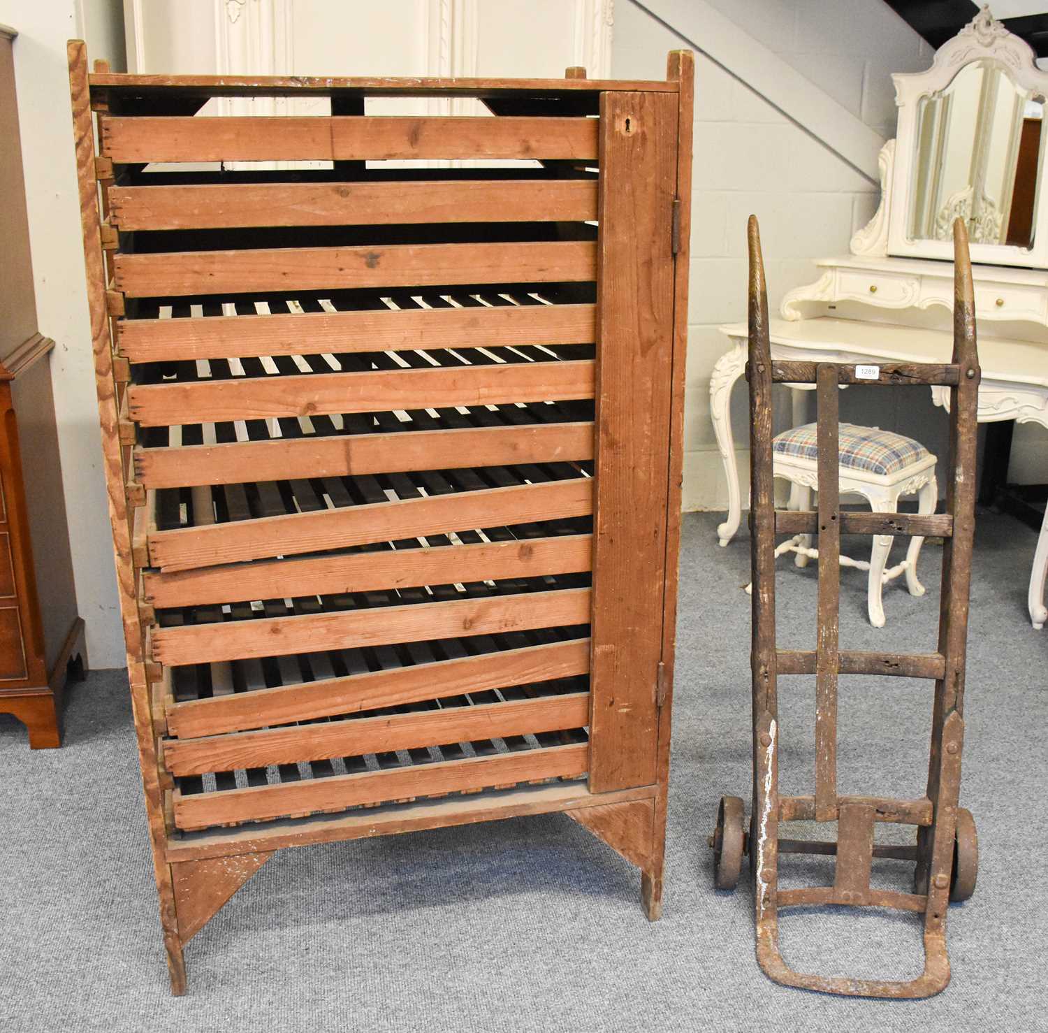 A Late Victorian Porter's Sack Barrow, stamped Watkins; together with a pine apple tray rack, - Image 2 of 2