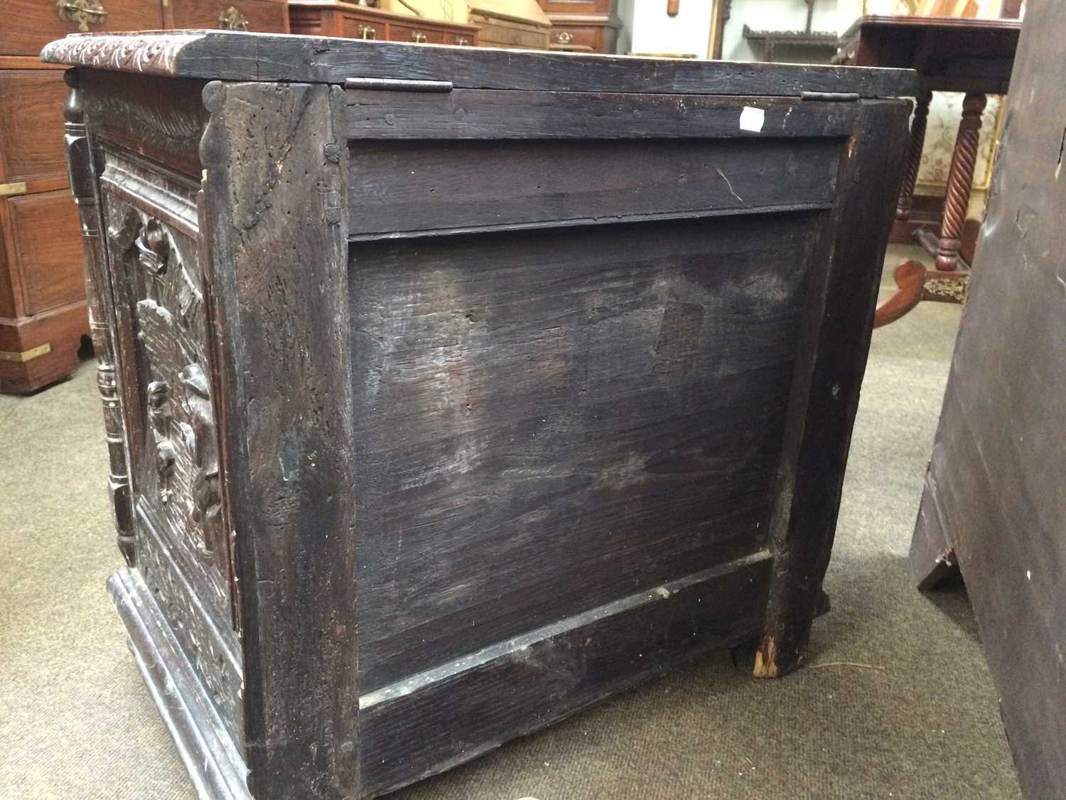 A Carved Oak Chest, some earlier timbers, with hinged lid, elaborate figural panels to the front and - Image 2 of 8