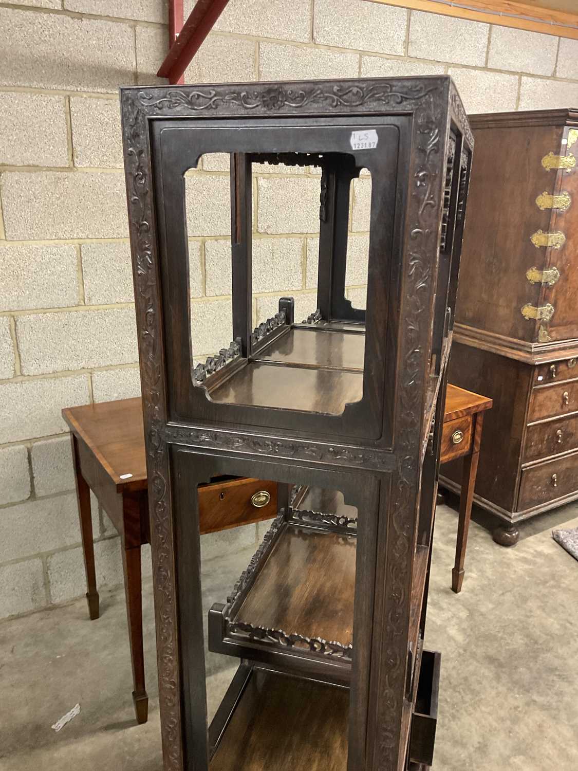 A Chinese Export Carved Hardwood Display Cabinet, early 20th century, the framework carved as a - Image 10 of 12