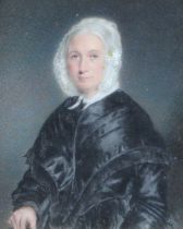 British School (19th century) Miniature Portrait of an Elderly Lady in White Silk Bonnet and Black