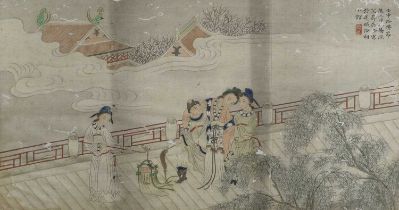 Chinese Watercolour on Silk, depicting dignitaries on a bridge, 41cm high by 63cm wide (including