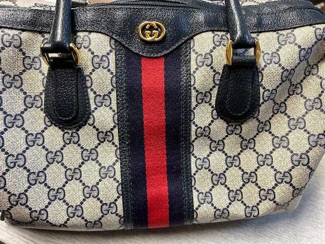 Gucci Blue Monogram Bag with blue and red webbing detail, twin handles, blue leather type mounts, - Image 9 of 17