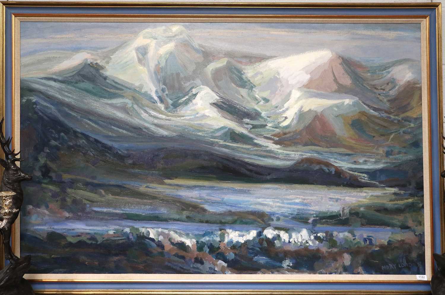 Mary Lord (b.1931) ''Mountains over the Bay'' Signed, signed and inscribed verso, oil on board, 95cm - Image 2 of 4