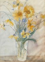 British School (20th Century) Still life of yellow and blue flowers in a glass jug Bears