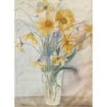 British School (20th Century) Still life of yellow and blue flowers in a glass jug Bears