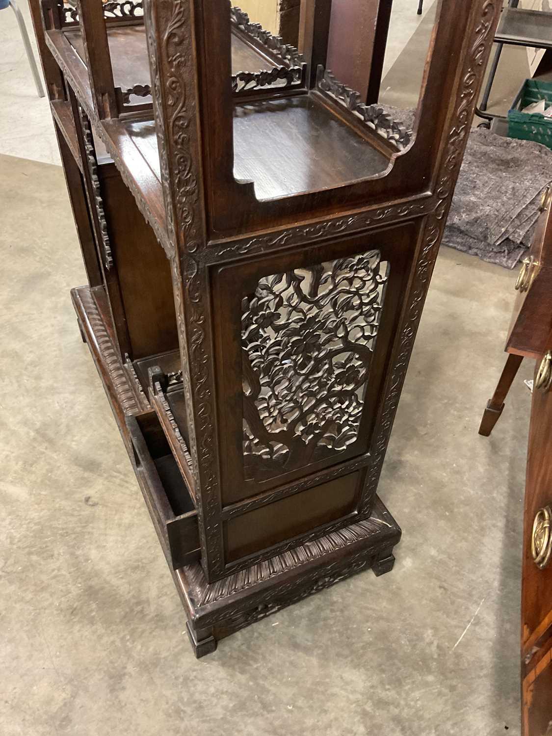 A Chinese Export Carved Hardwood Display Cabinet, early 20th century, the framework carved as a - Image 9 of 12