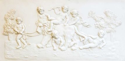 A Neo Classical Faux Marble Relief Scene of Cherubs, in landscape, within heavy gilt frame, 59cm