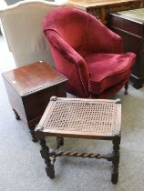 A Victorian Armchair, in burgundy velvet, A Mahogany Box Commode and A Caned Stool; together with