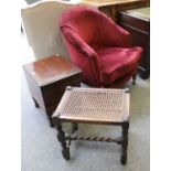 A Victorian Armchair, in burgundy velvet, A Mahogany Box Commode and A Caned Stool; together with