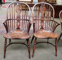 A Pair of 20th century Windsor Armchairs, in the 19th century style, spindle backs with pierced