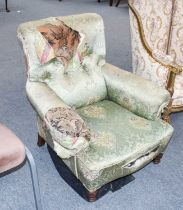A Victorian Green Damask Upholstered Armchair Very poor condition to the covering, frame structually