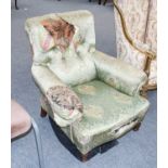 A Victorian Green Damask Upholstered Armchair Very poor condition to the covering, frame structually